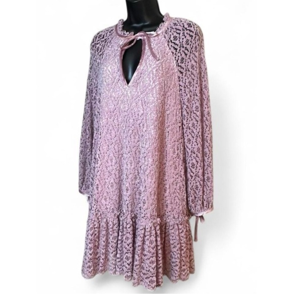 Free People Oversized X-Small Lavender Chenille & Lace Long Sleeve Shift Dress